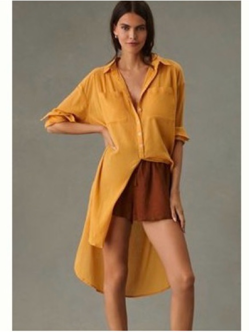 Anthropologie Long Lightweight Button-Down Tunic in Mustard Yellow